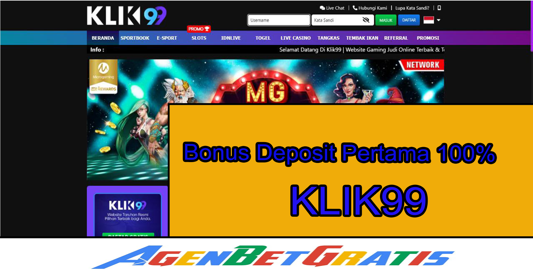 KLIK99 - Bonus Deposit Pertama 100%