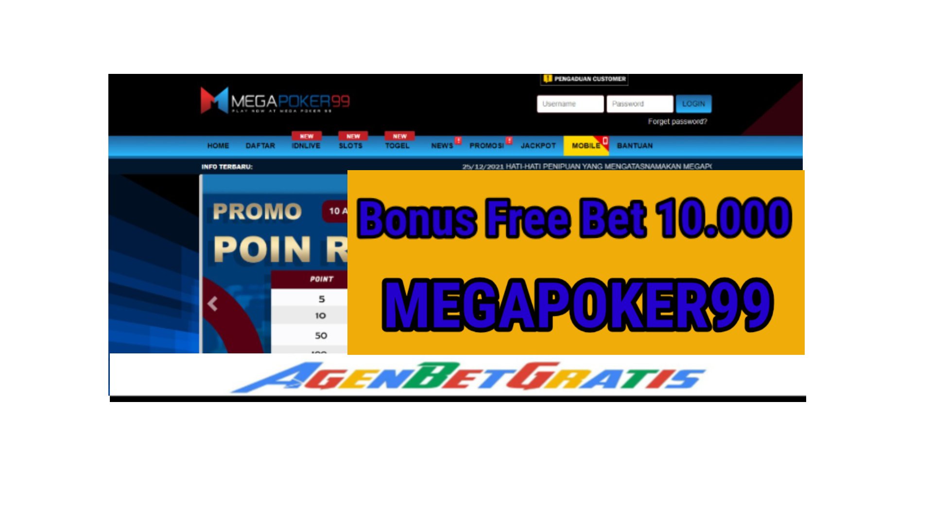 MEGAPOKER99 - Bonus Free Bet 10.000
