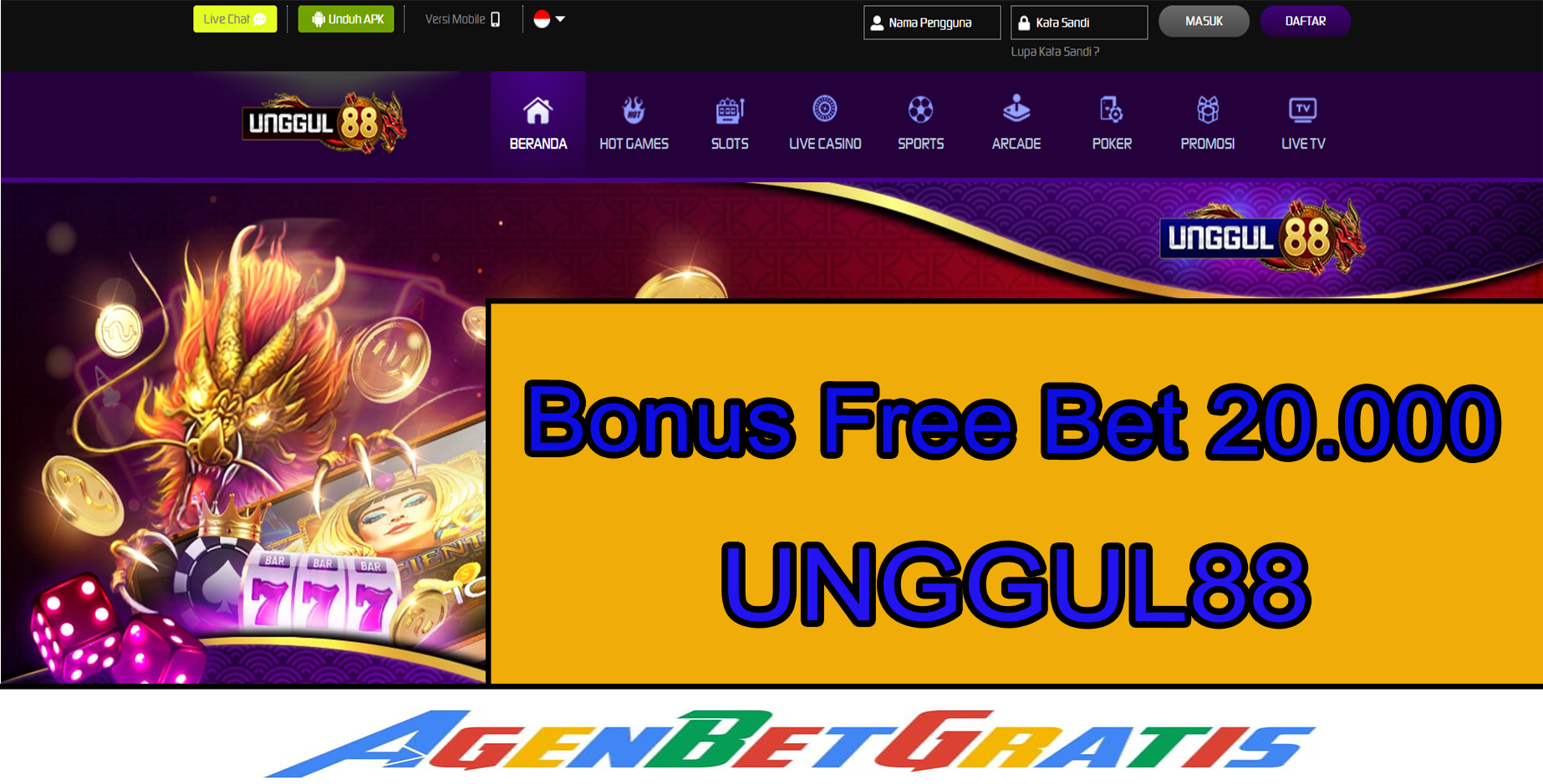 UNGGUL88 - Bonus Free Bet 20.000