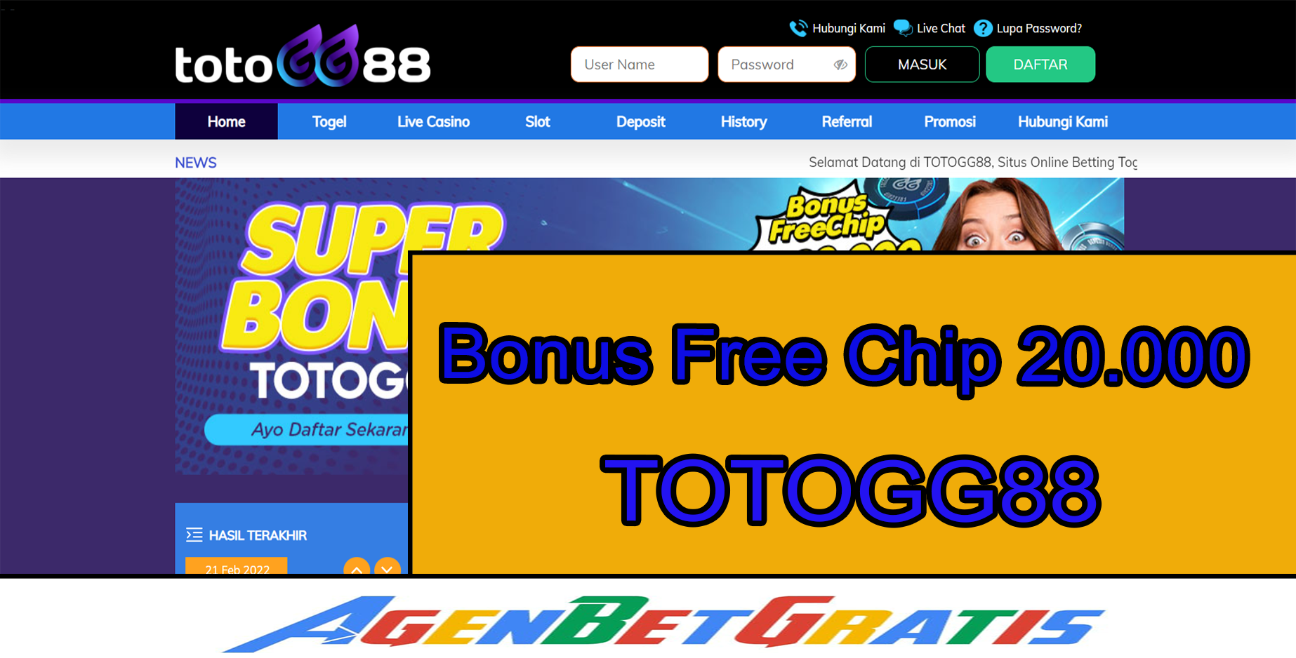 TOTOGG88 - Bonus FreeChip 20.000