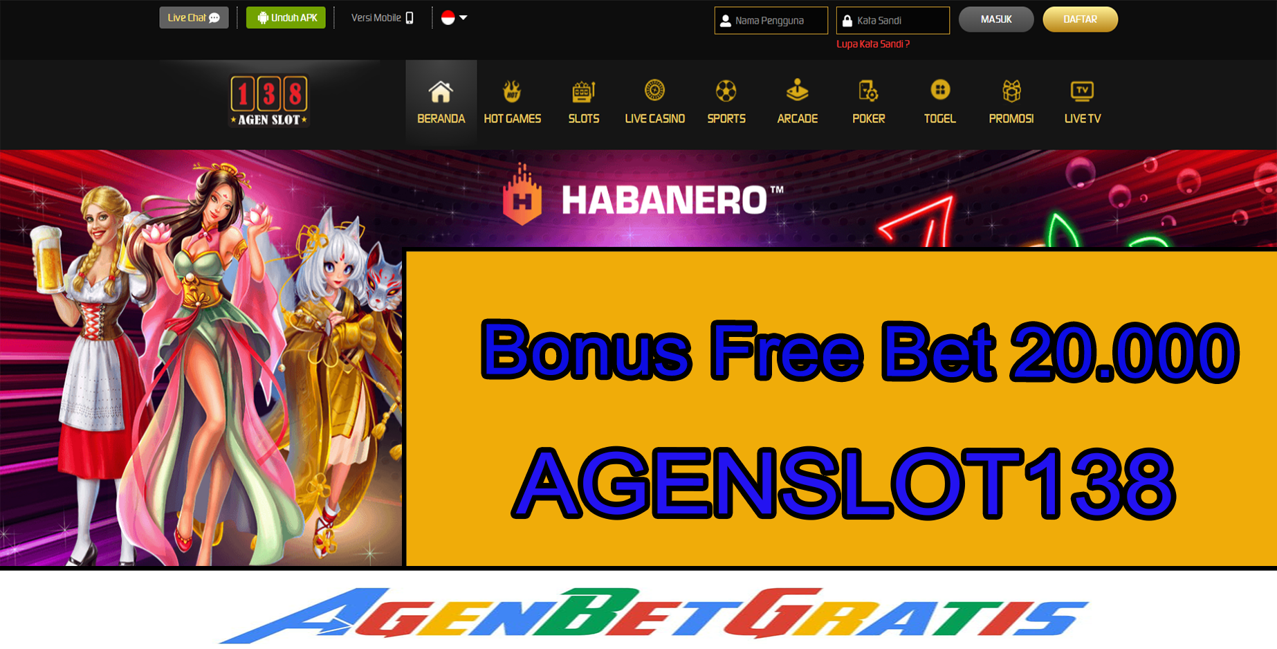 AGENSLOT138 - Bonus FreeBet 20.000