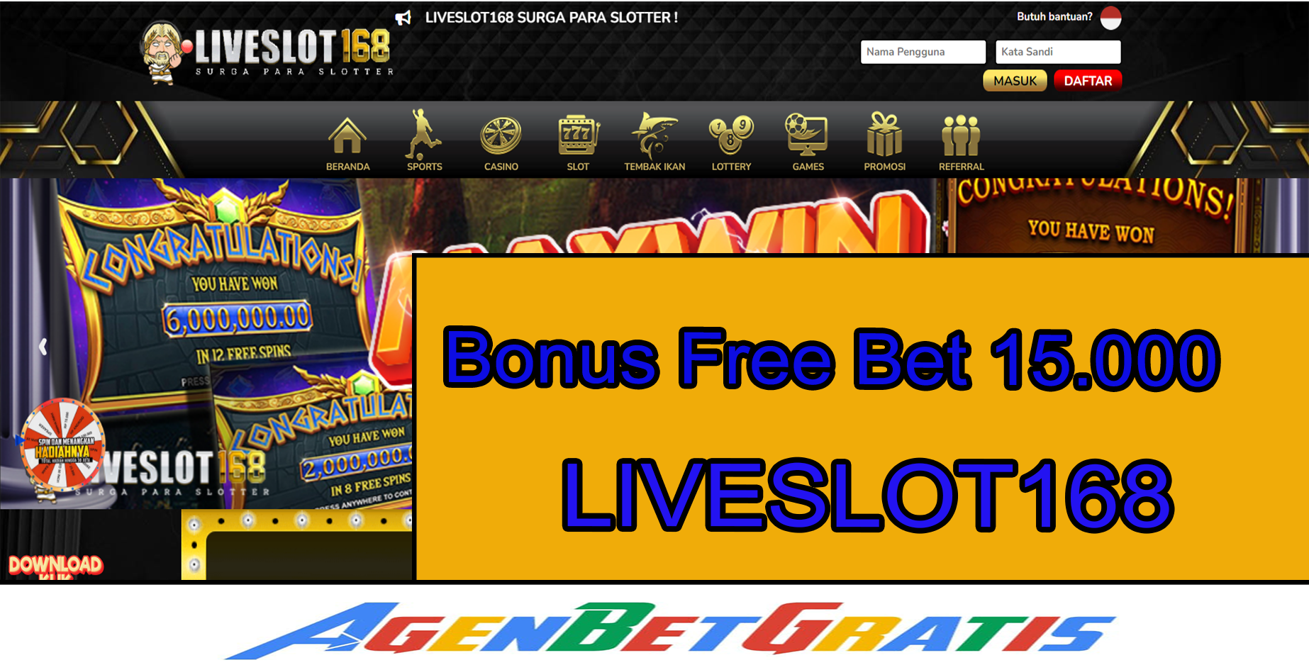 LIVESLOT168 - Bonus FreeBet 15.000