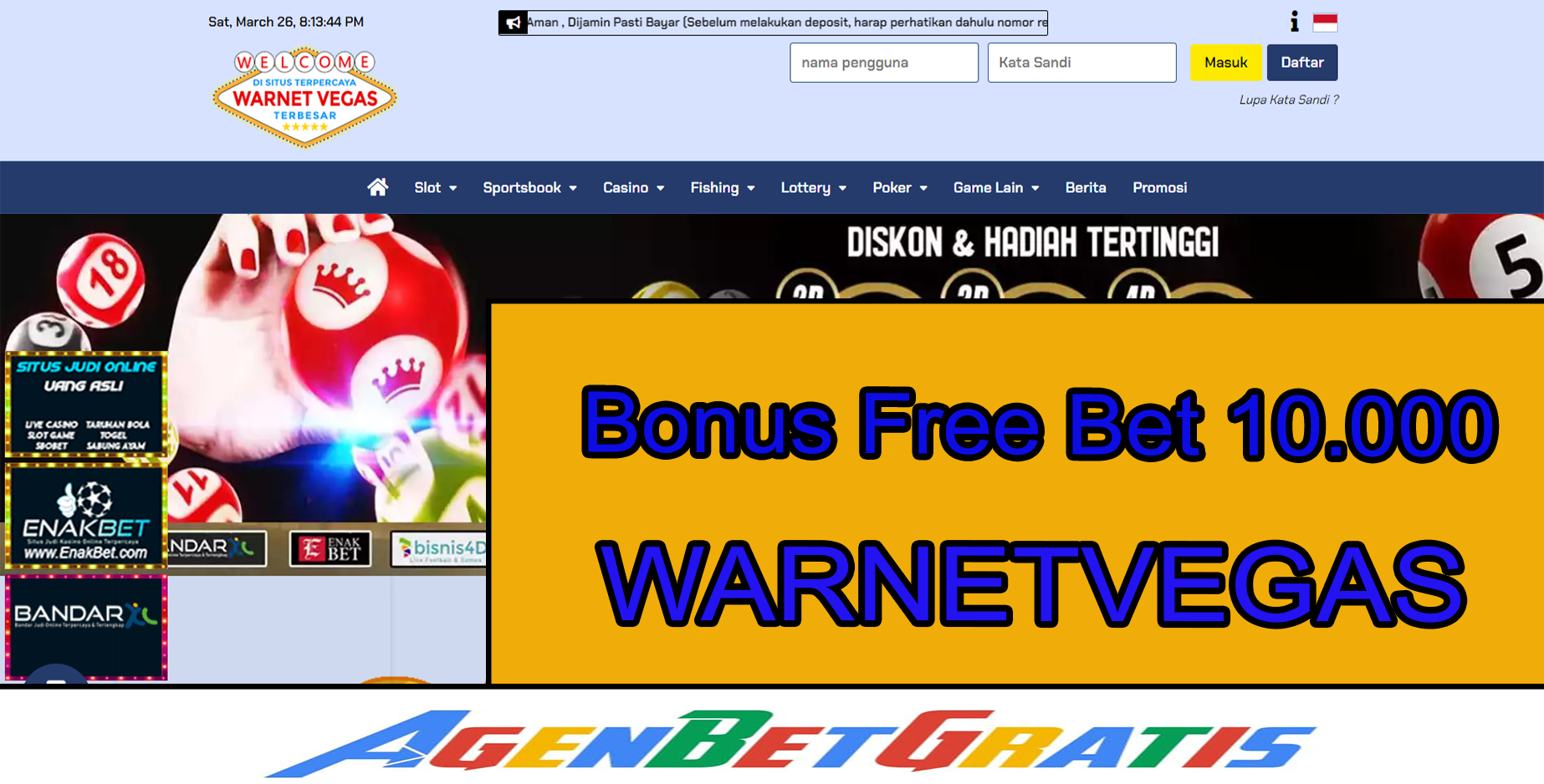 WARNETVEGAS - Bonus FreeBet 10.000