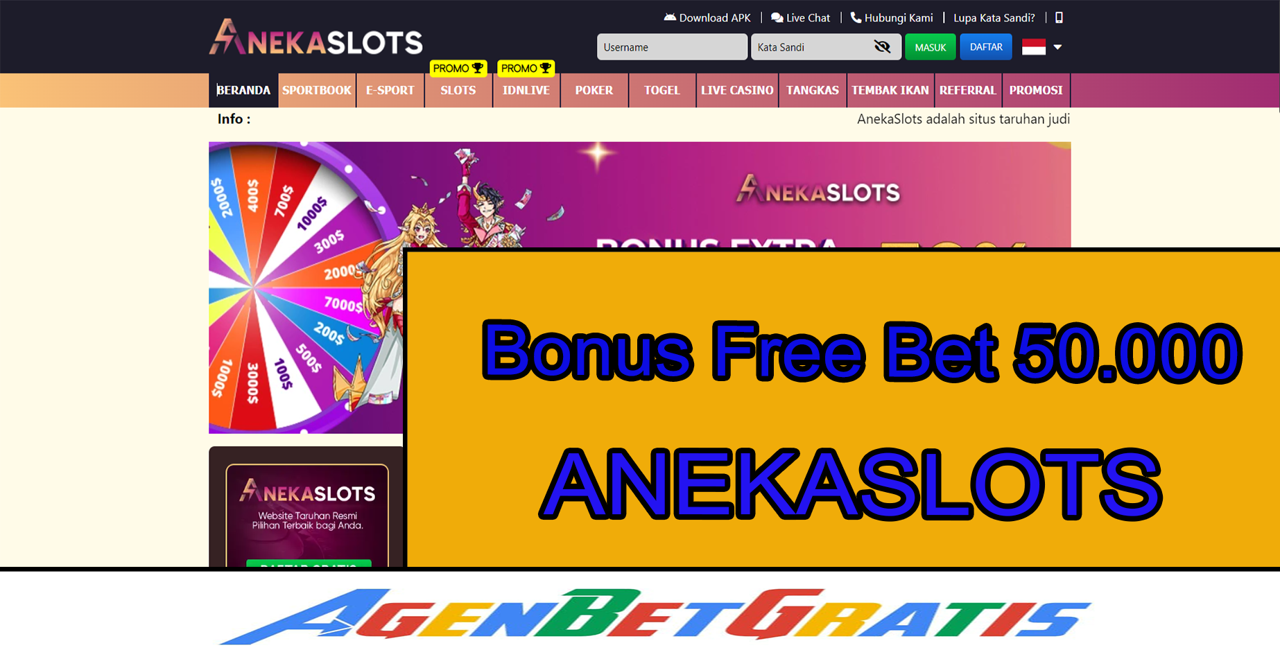 ANEKASLOTS - Bonus FreeBet 50.000