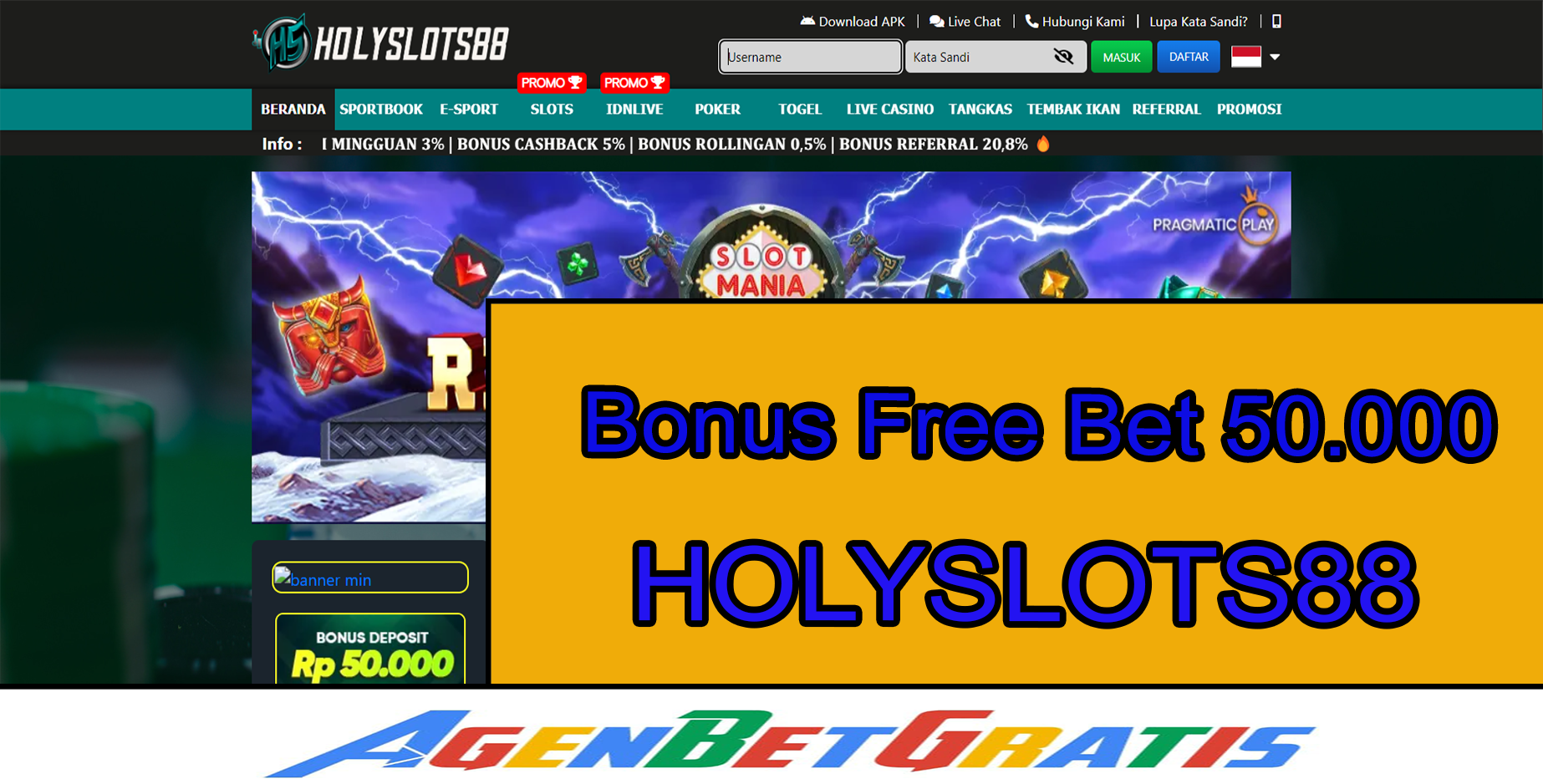 HOLYSLOTS88 - Bonus FreeBet 50.000