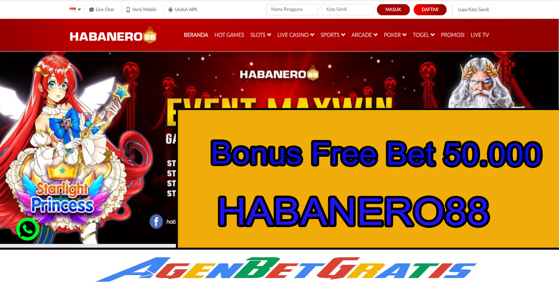 HABANERO88 - Bonus FreeBet 50.000