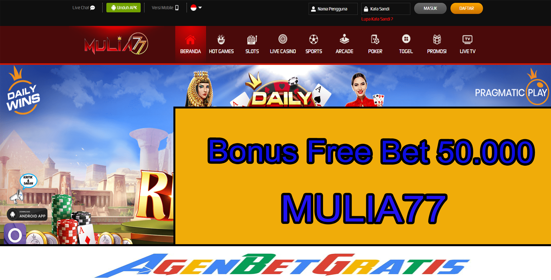 MULIA77 - Bonus FreeBet 50.000
