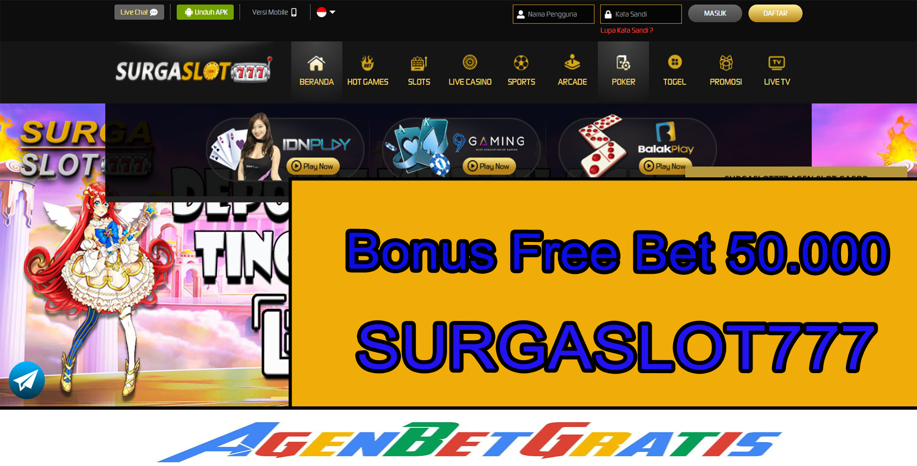 SURGASLOT777 - Bonus FreeBet 50.000