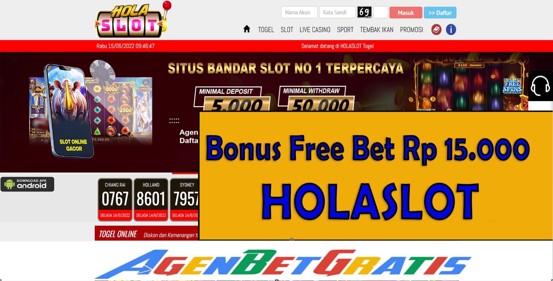 HOLASLOT - Bonus FreeBet 15.000