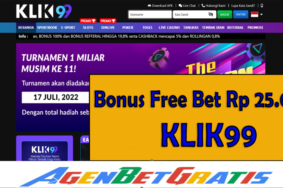KLIK99 - Bonus FreeBet 25.000
